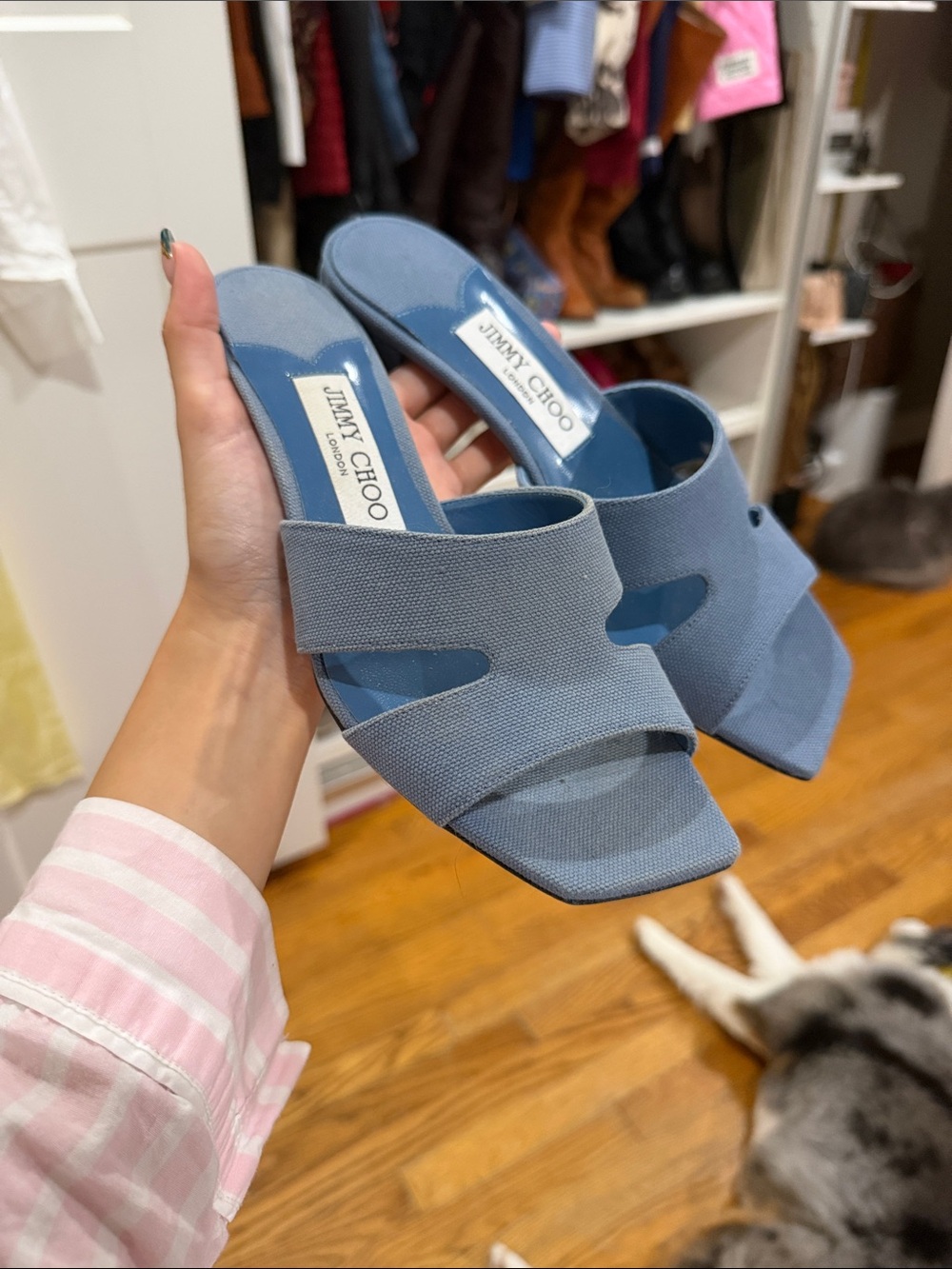 Jimmy Choo Dusty Blue Linen-Textured Slide Mules